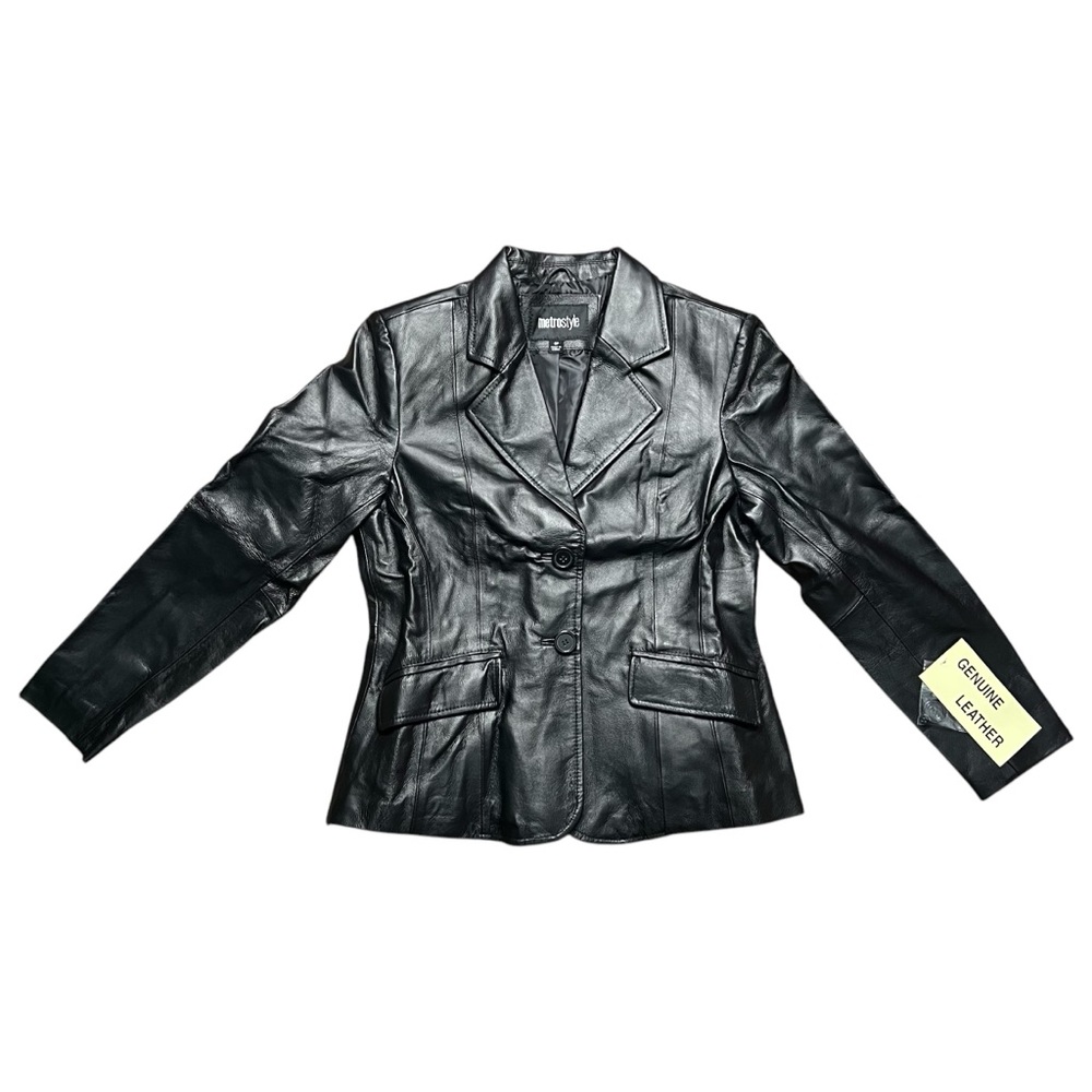 Metro Style Vintage Black Genuine Leather Jacket Size 8P